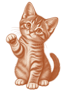 Line illustration of a tabby kitten sitting up and raising one front paw in a wave