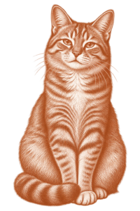 Line illustration of an adult tabby cat sitting upright with its tail curled around its paws