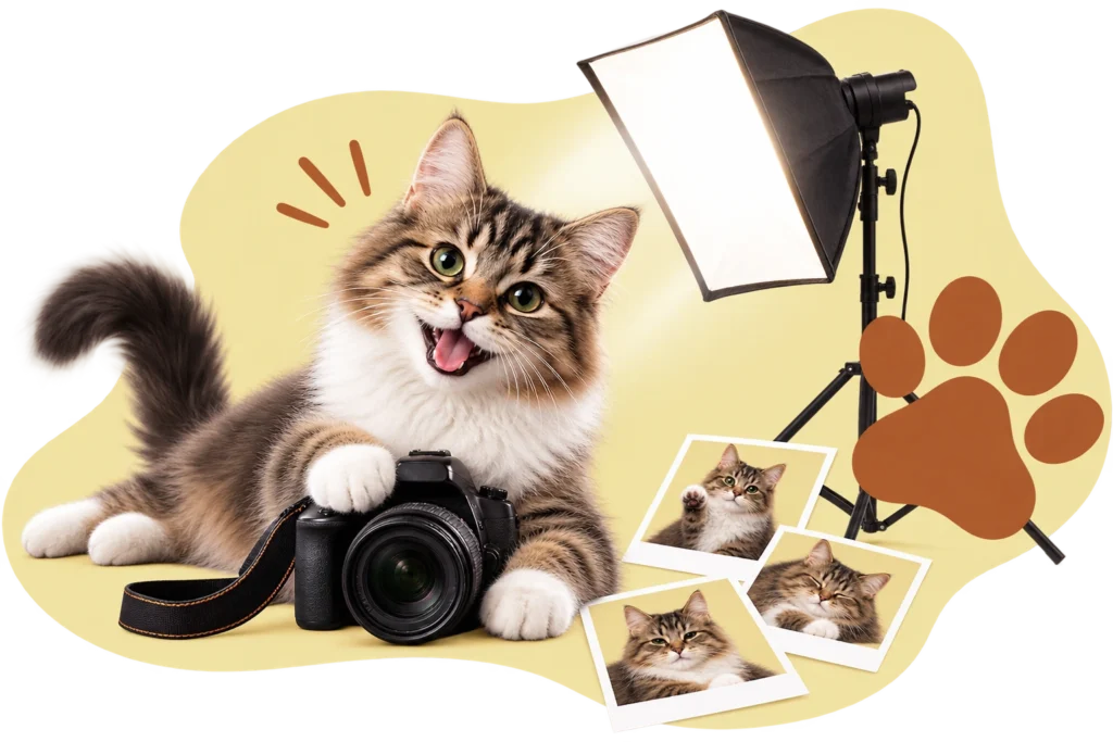A long-haired tabby and white cat lying with one paw resting on a camera, a studio softbox light behind it and instant photos of the same cat scattered alongside